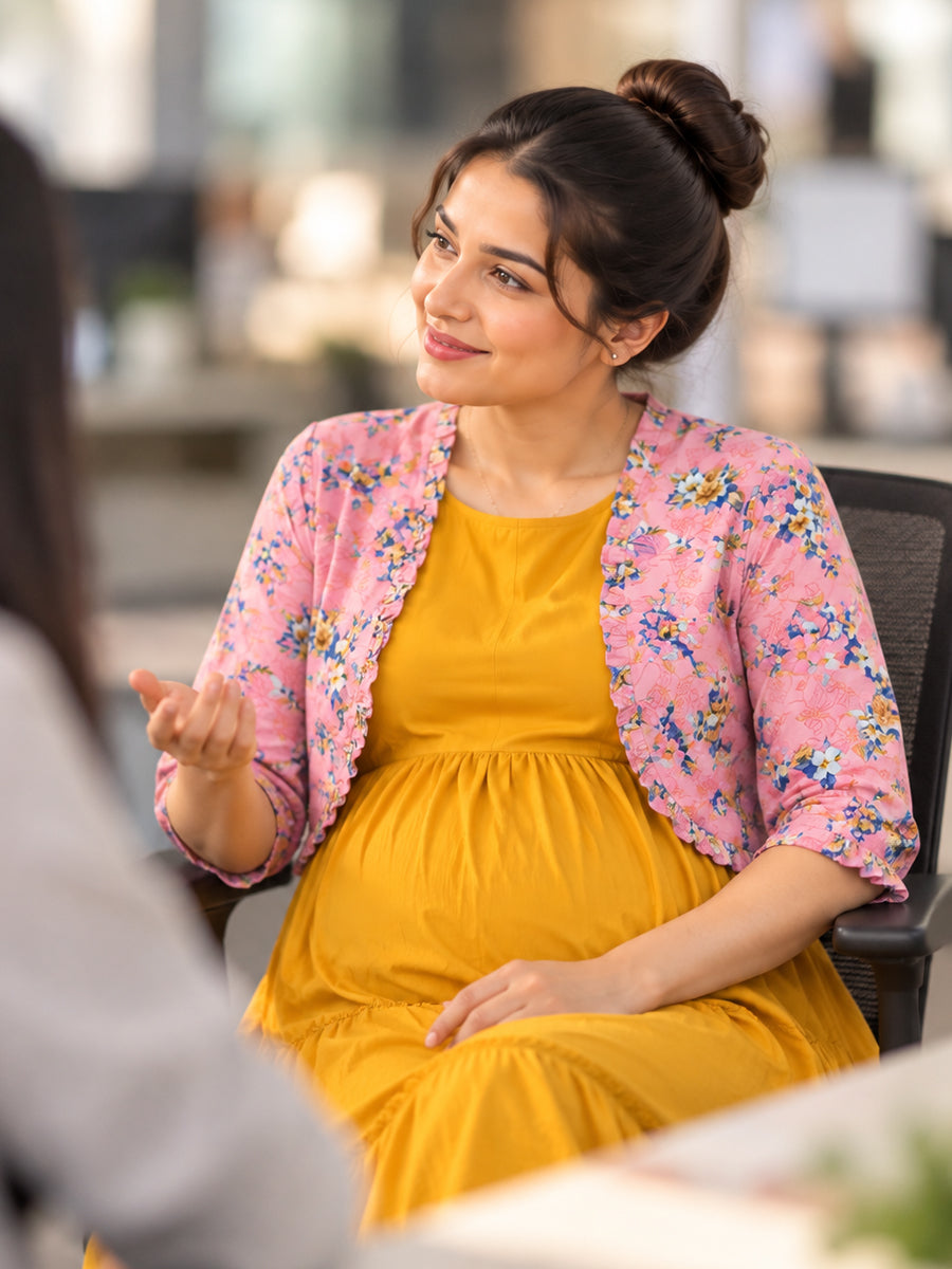 Ziva Maternity & Feeding Sleeveless Dress with Frill-Detail Floral Jacket | Dark Orange Yellow & Pink Multicolour Floral