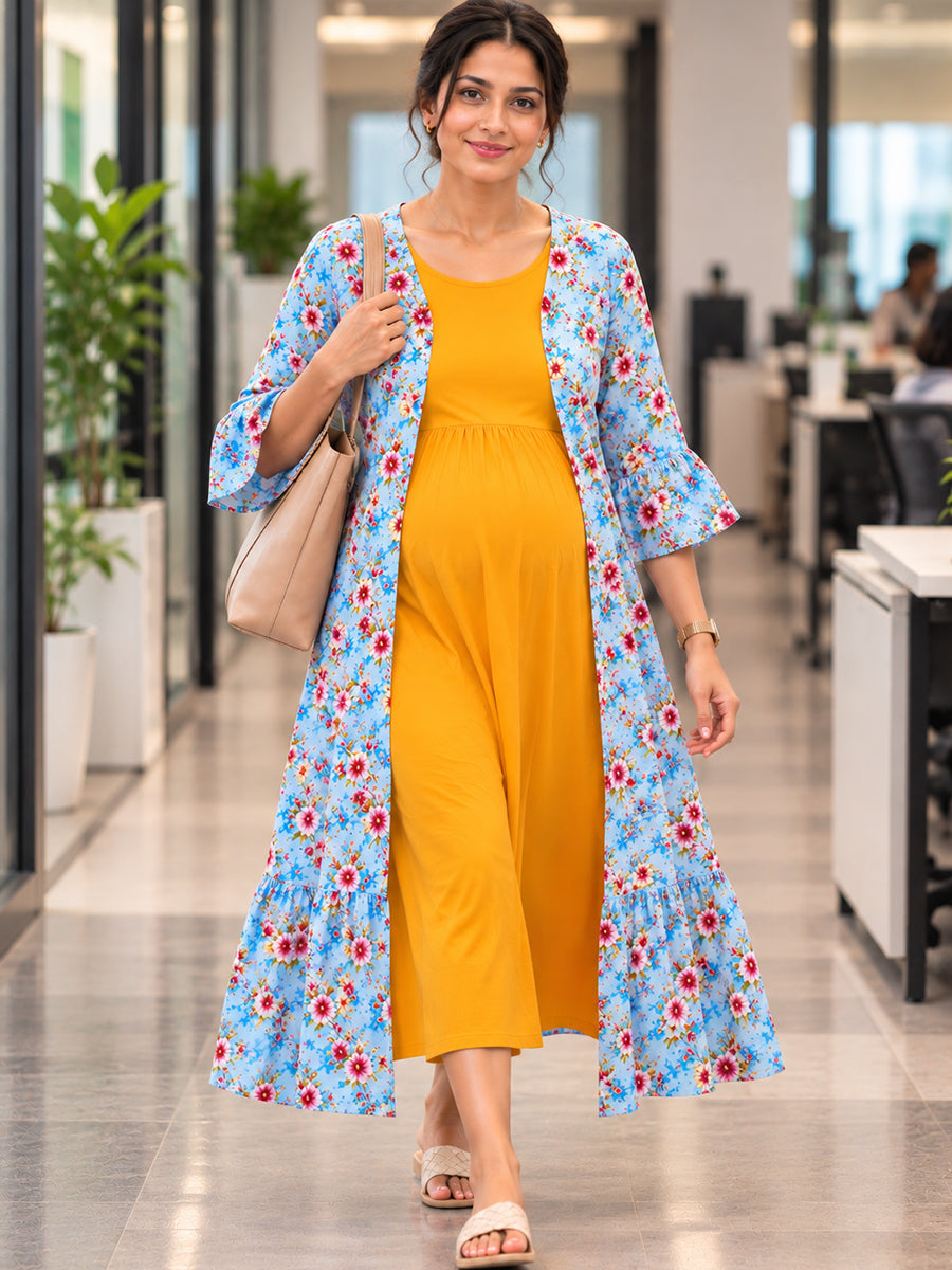 Ziva Premium Rayon Maternity & Feeding Dress with Sleeveless Inner & Floral Tie-Up Long Jacket with side pocket – Dark Orange Yellow & Light Aqua Blue Floral