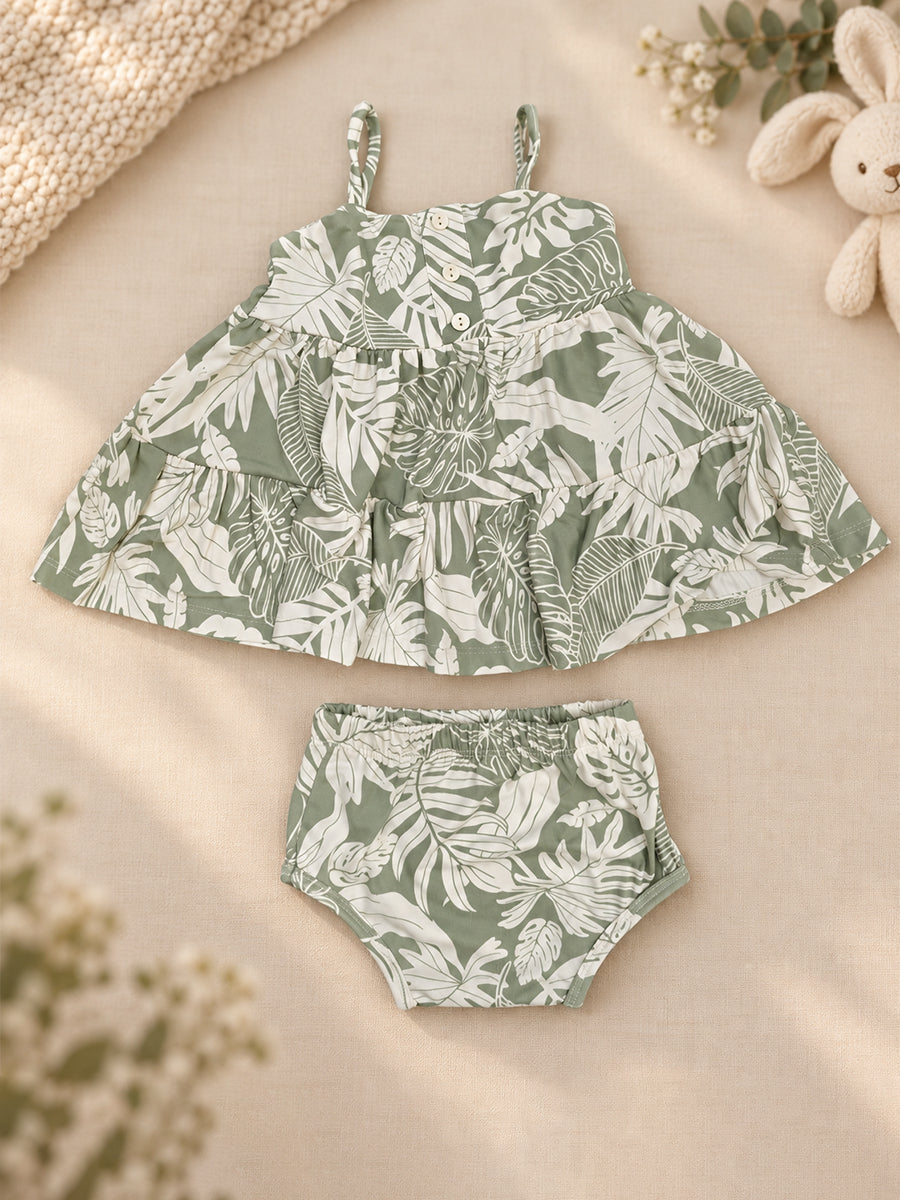 Ziva Baby Girl Strappy Frock with Pantie – Sage Green Tropical Leaf Print | Knitted Cotton