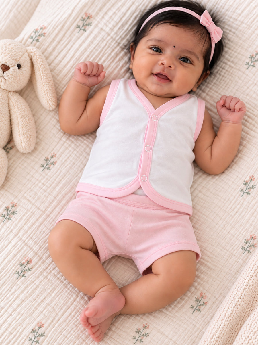 Ziva Baby Jabla & Nicker Set – White & Baby Pink | Knitted Cotton | Front Press-Button Open | 1 Jabla + 1 Nicker