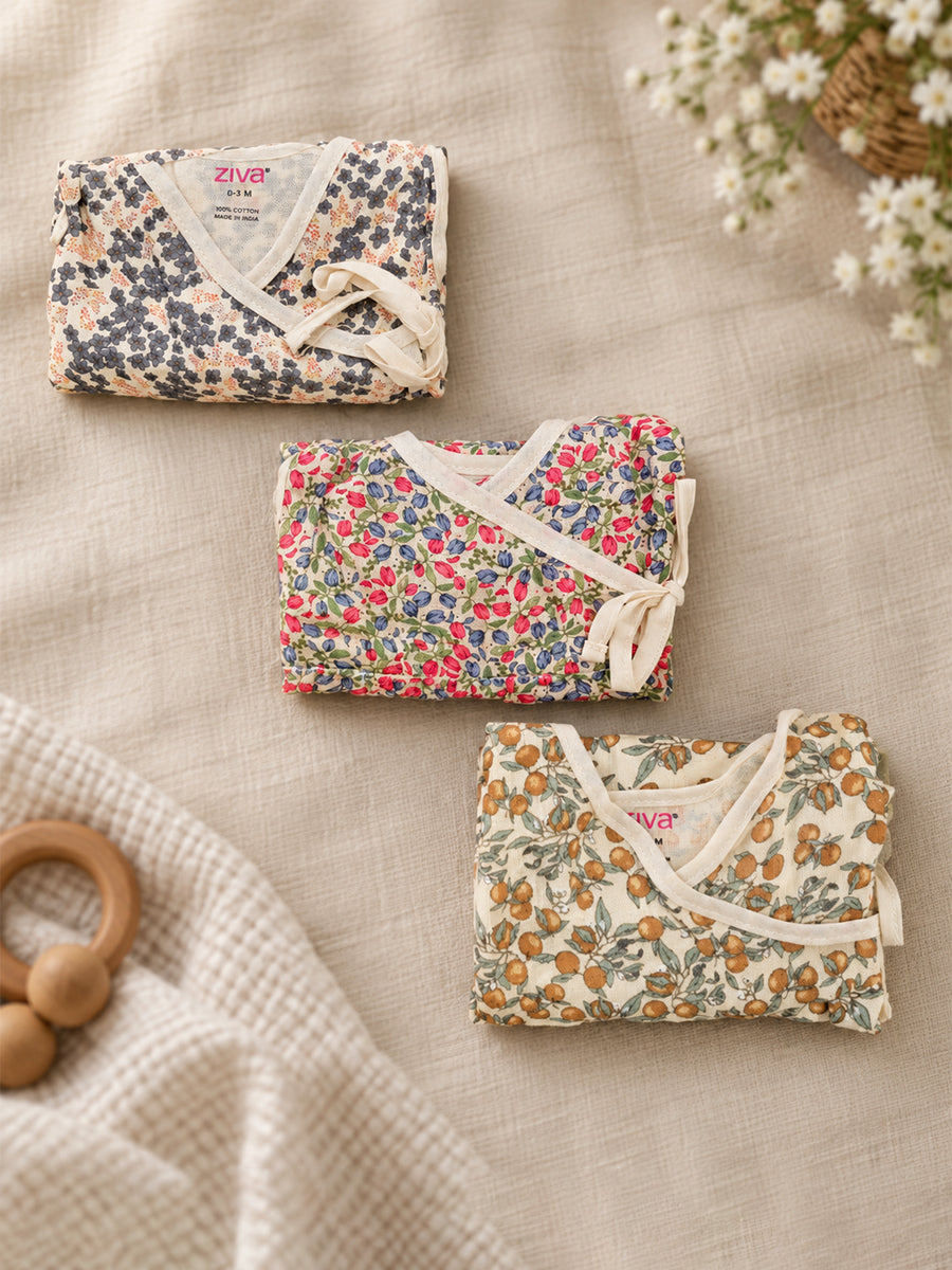 Ziva Muslin Baby Girl Frock – Side-Open Overlap with Adjustable Tie | Pack of 3 | 100% Cotton Muslin | Assorted Prints (Print Details: Check Product Description)