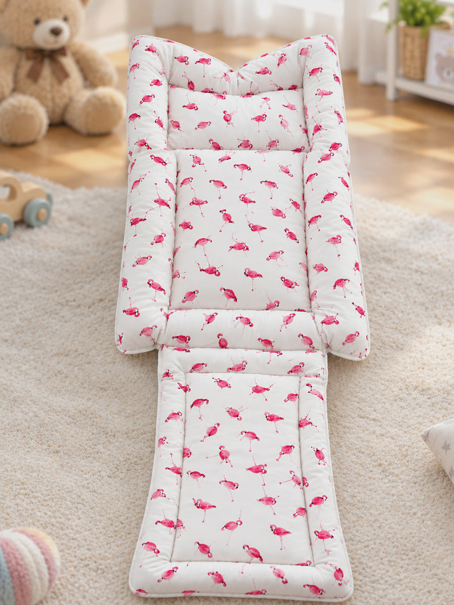 Ziva 3-in-1 Baby Bed –  Carry Nest cum Sleeping Bag (Flamingo Pink Print on White cotton Fabric)