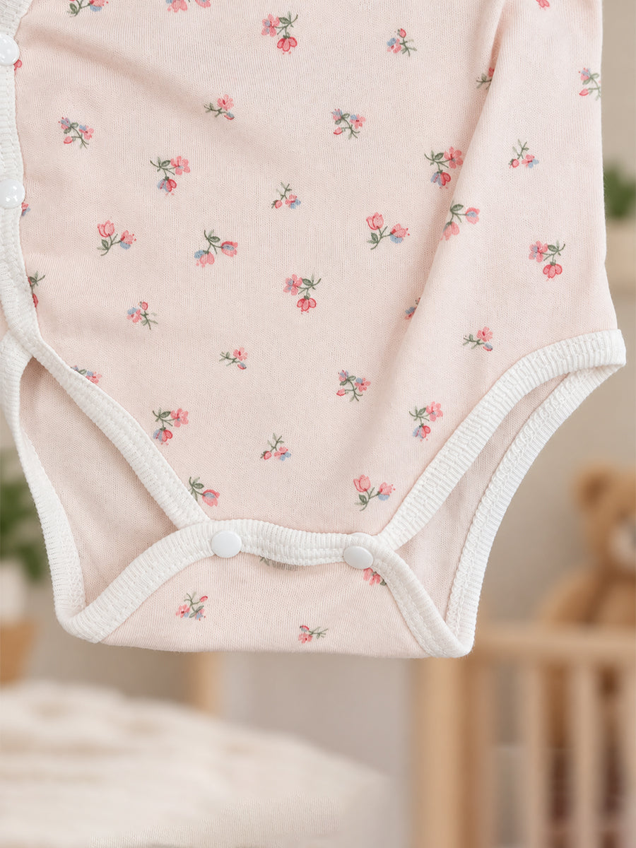 Ziva Baby Premium Knitted Cotton Overlap Romper – Pack of 3 | Blush Pink Tiny Floral, Dusty Rose Mini Dot & White Peach Bunny Assorted Prints.