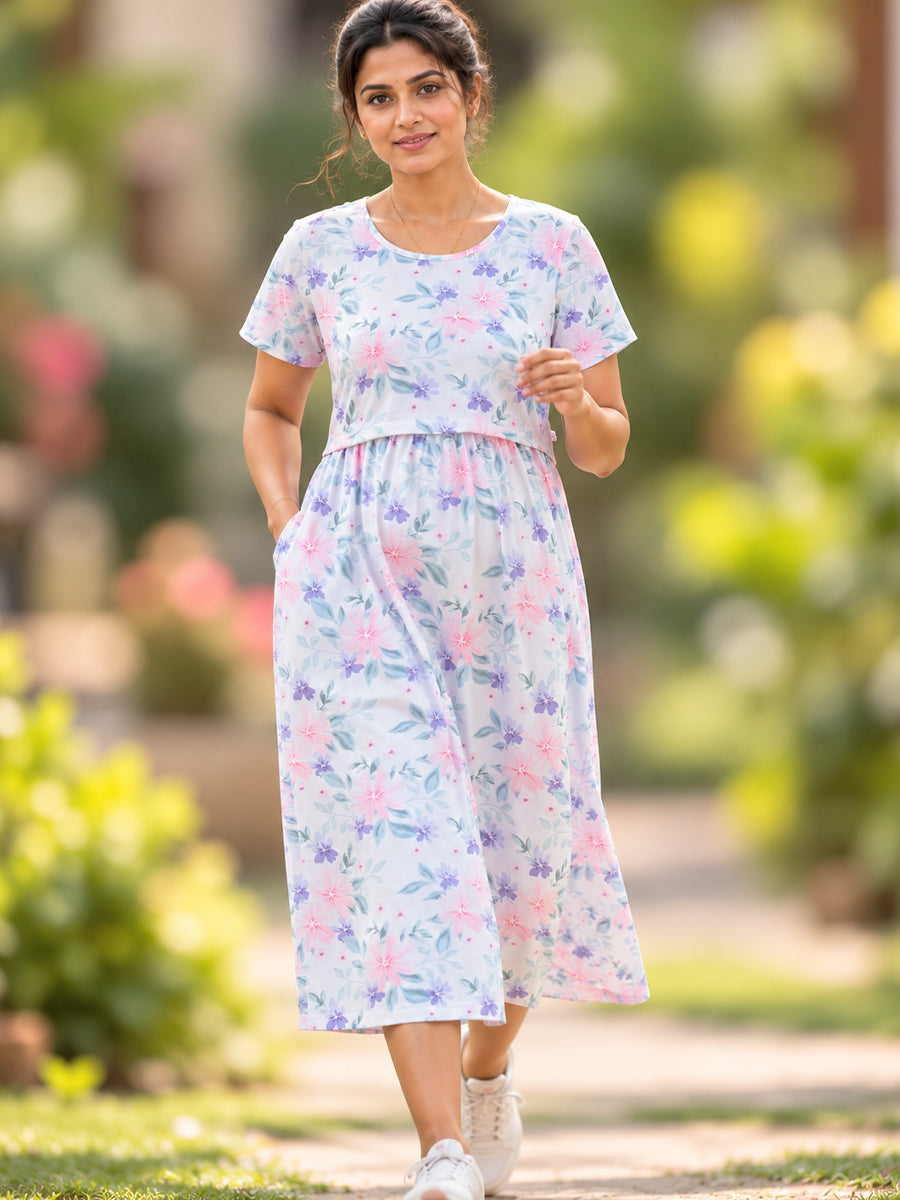 Ziva Zipless Maternity & Feeding Knitted Dress with Adjustable Waist Tie & Side Pocket | Soft Off-White Pink & Lavender Floral Print