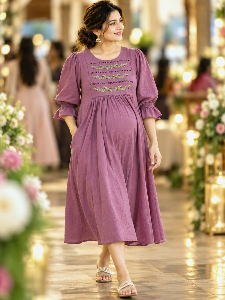 Ziva Premium Crinkle Viscose Maternity & Feeding Occasion Dress with Hand-Embroidered Yoke & Adjustable Puff Sleeves | Dusty Lavender