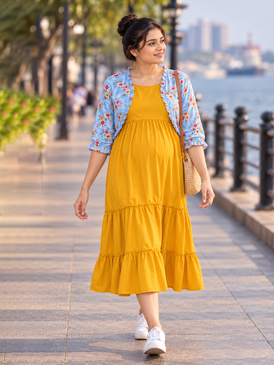 Ziva Maternity & Feeding Sleeveless Dress with Frill-Detail Floral Jacket | Dark Orange Yellow & Sky Blue Floral