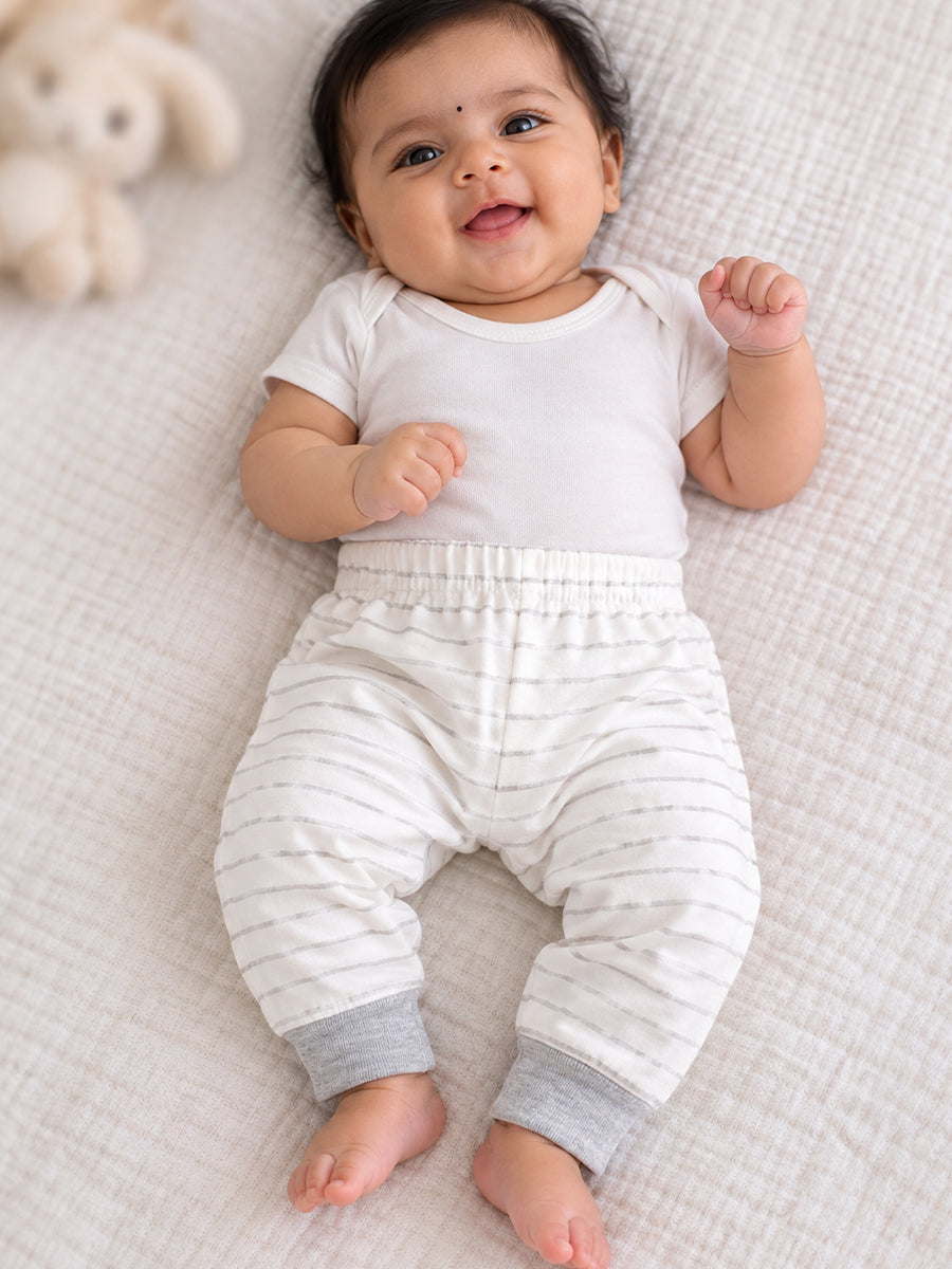 Baby Knitted Cotton Pants Combo – Pack of 3 | Assorted Floral, Tractor & Stripe Prints | Newborn | Ziva Collected | Carefully Selected for Your Little One