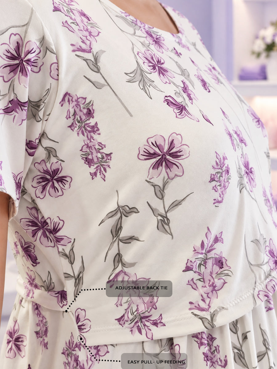 Ziva Zipless Maternity & Feeding Knitted Dress with Adjustable Waist Tie & Side Pocket | Soft White Purple Floral Print