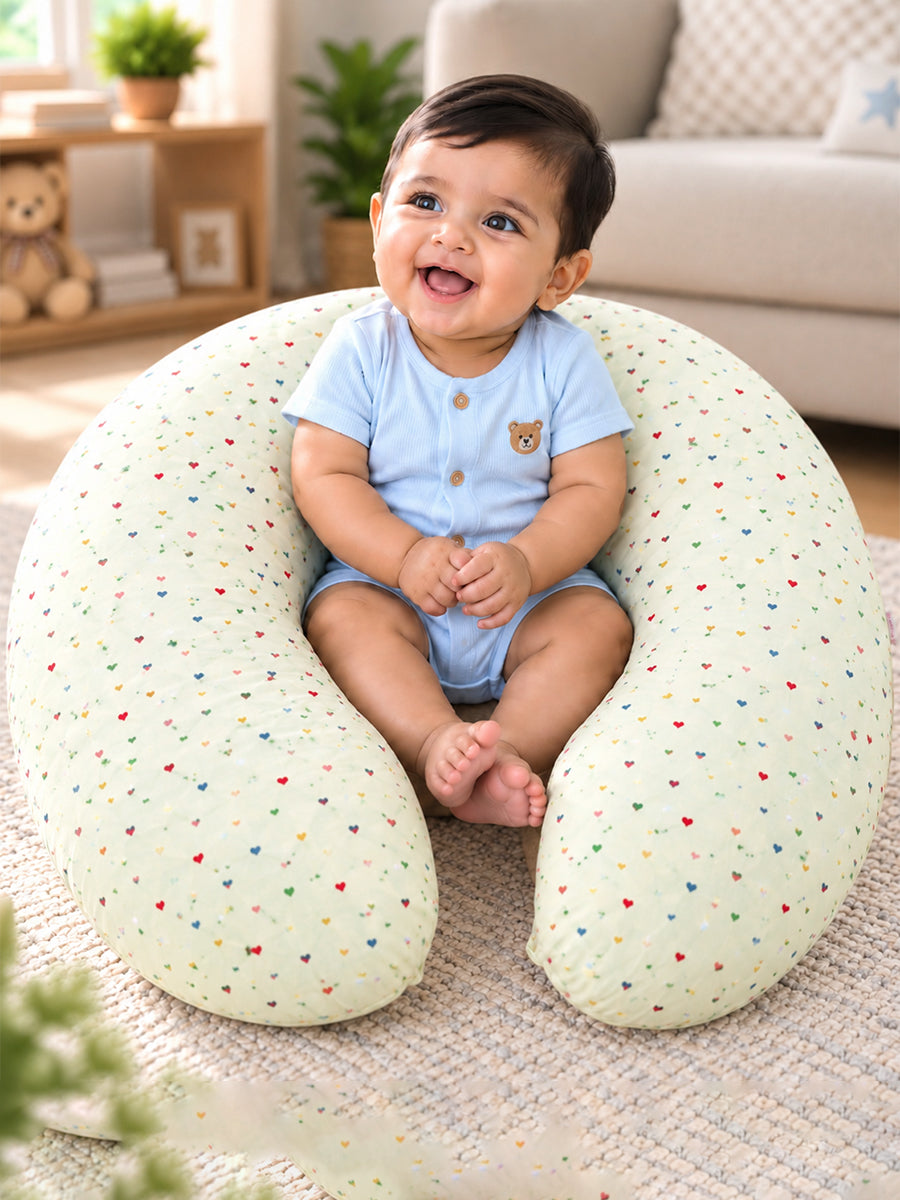 Ziva Multipurpose Feeding Pillow – Premium Organic Cotton | Soft Cream with Multicolour Tiny Heart Print | Removable & Washable Cover