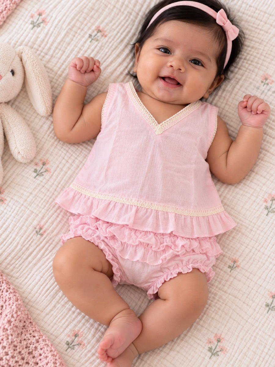Ziva Baby Girl Cotton Ruffle Top & Bloomer Set – Soft Baby Pink | Cream Lace Detail | 1 Top + 1 Bloomer
