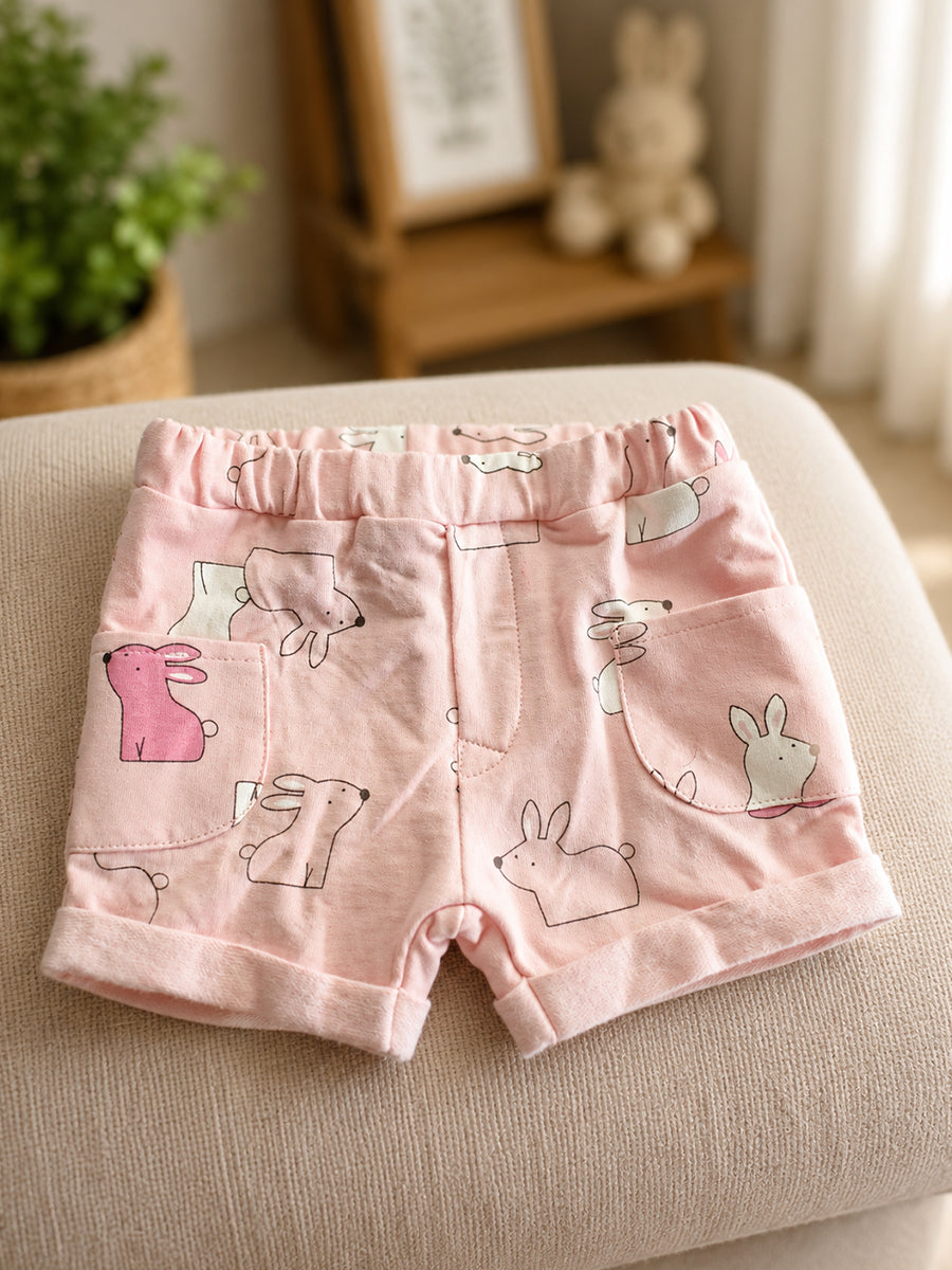 Ziva Premium Knitted Cotton Baby Co-Ord Set – Collar Neck Shirt & Elastic Waist Shorts | Dusty Rose | Bunny Rabbit Print