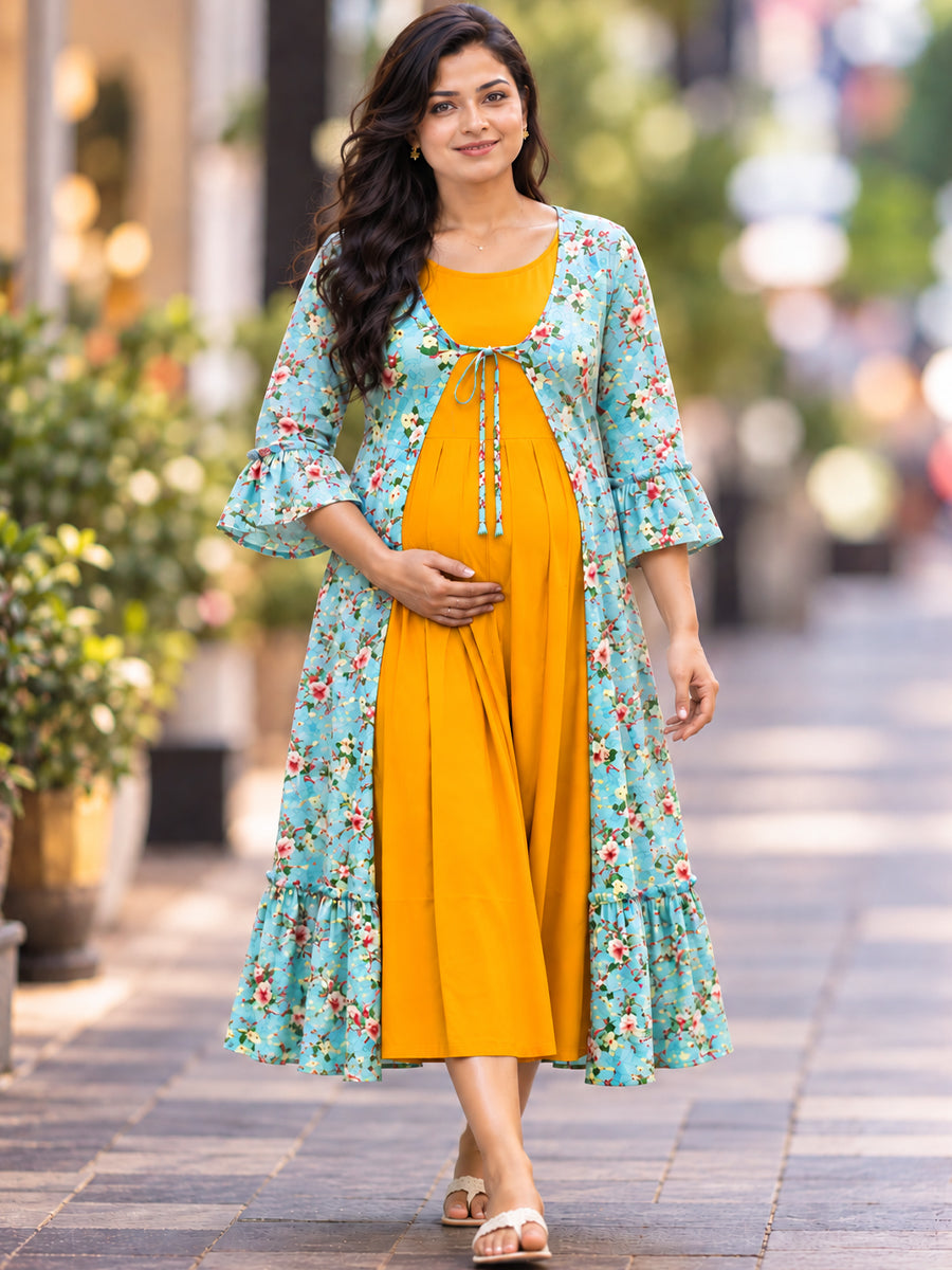 Ziva Premium Rayon Maternity & Feeding Dress with Sleeveless Inner & Floral Tie-Up Long Jacket with side pocket – Dark Orange Yellow & Aqua Blue Floral