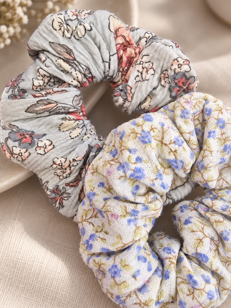 Ziva Moms Floral Hair Scrunchies – Vintage Rose & Blue Blossom – 2 Piece Combo