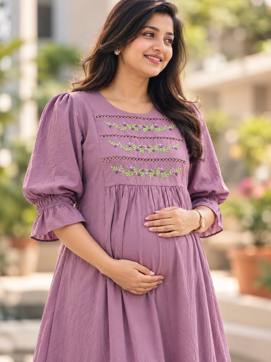 Ziva Premium Crinkle Viscose Maternity & Feeding Occasion Dress with Hand-Embroidered Yoke & Adjustable Puff Sleeves | Dusty Lavender