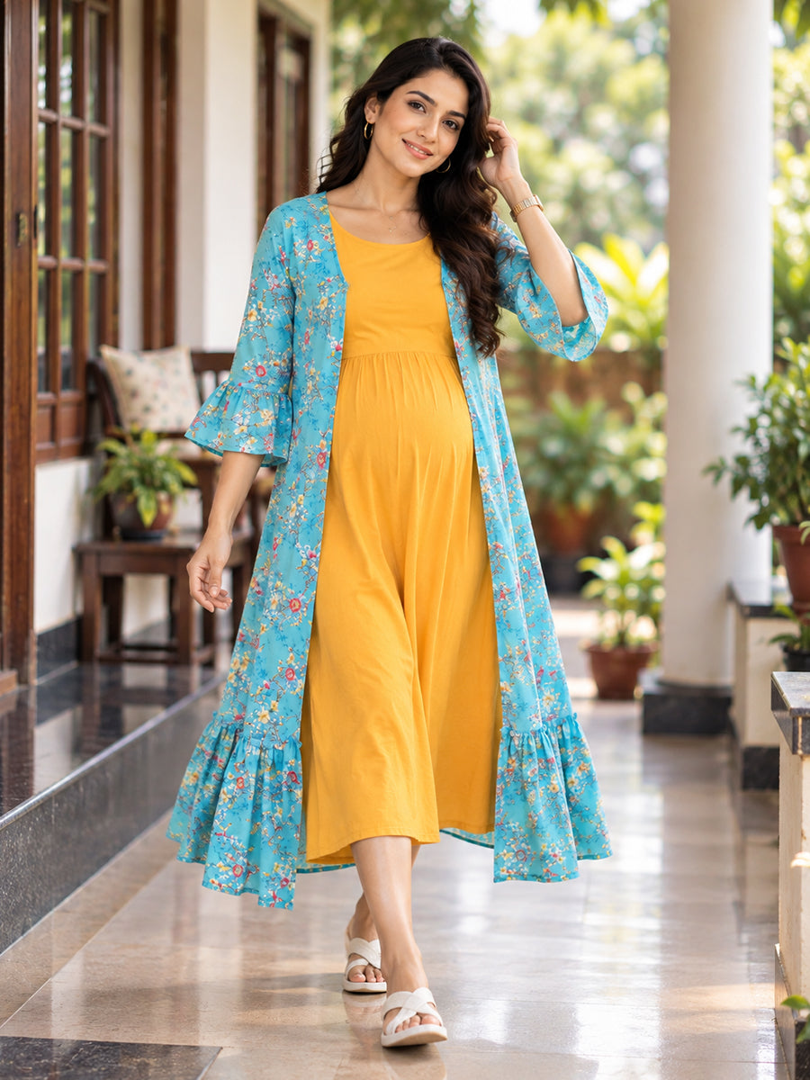 Ziva Premium Rayon Maternity & Feeding Dress with Sleeveless Inner & Floral Tie-Up Long Jacket with side pocket – Dark Orange Yellow & Turquoise Blue Floral