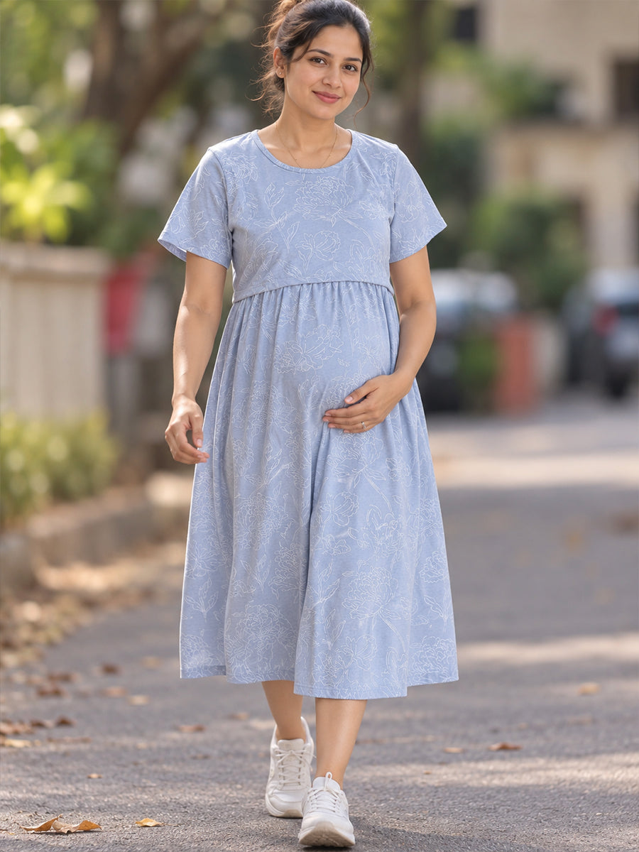Ziva Zipless Maternity & Feeding Knitted Dress with Adjustable Waist Tie & Side Pocket | Soft Powder Blue White Floral Line Print