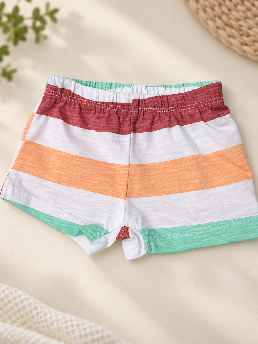Ziva Baby Premium Knitted Cotton Shorts Combo – Pack of 2 | Pink Brushed Stripe & Multicolour Stripe