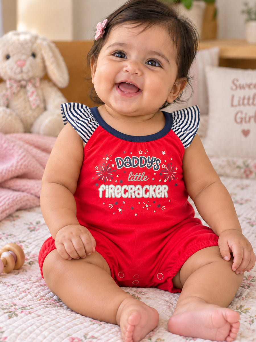 Baby Girl Premium Knitted Cotton Jumpsuit Combo – Navy Blue & Red | Flutter Sleeves | Press-Button Open | 0–3 to 18–24 Months |Ziva Collected | Carefully Selected for Your Little One