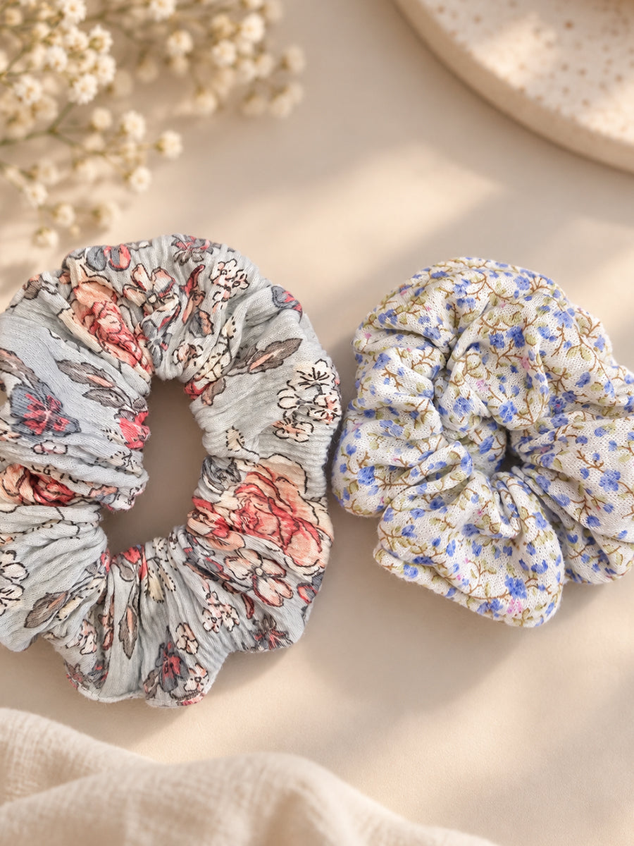 Ziva Moms Floral Hair Scrunchies – Vintage Rose & Blue Blossom – 2 Piece Combo
