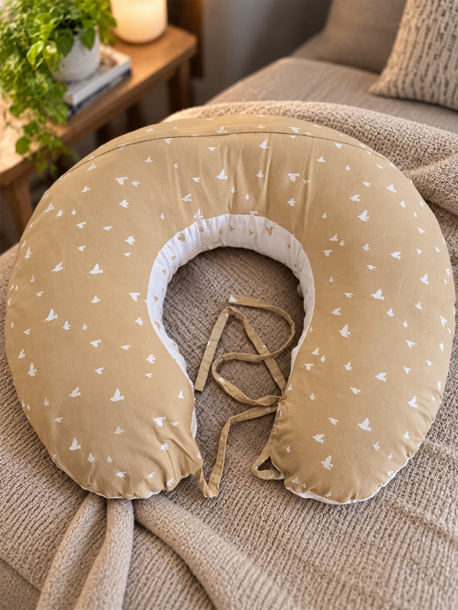 Ziva Multipurpose Feeding Pillow – Warm Beige & White with Reversible Bird Print | 100% Cotton Cover | Removable & Washable