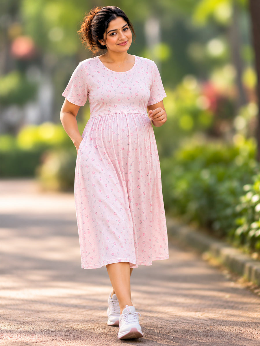 Ziva Zipless Maternity & Feeding Knitted Dress with Adjustable Waist Tie & Side Pocket | Soft Baby Pink Tiny Floral Print