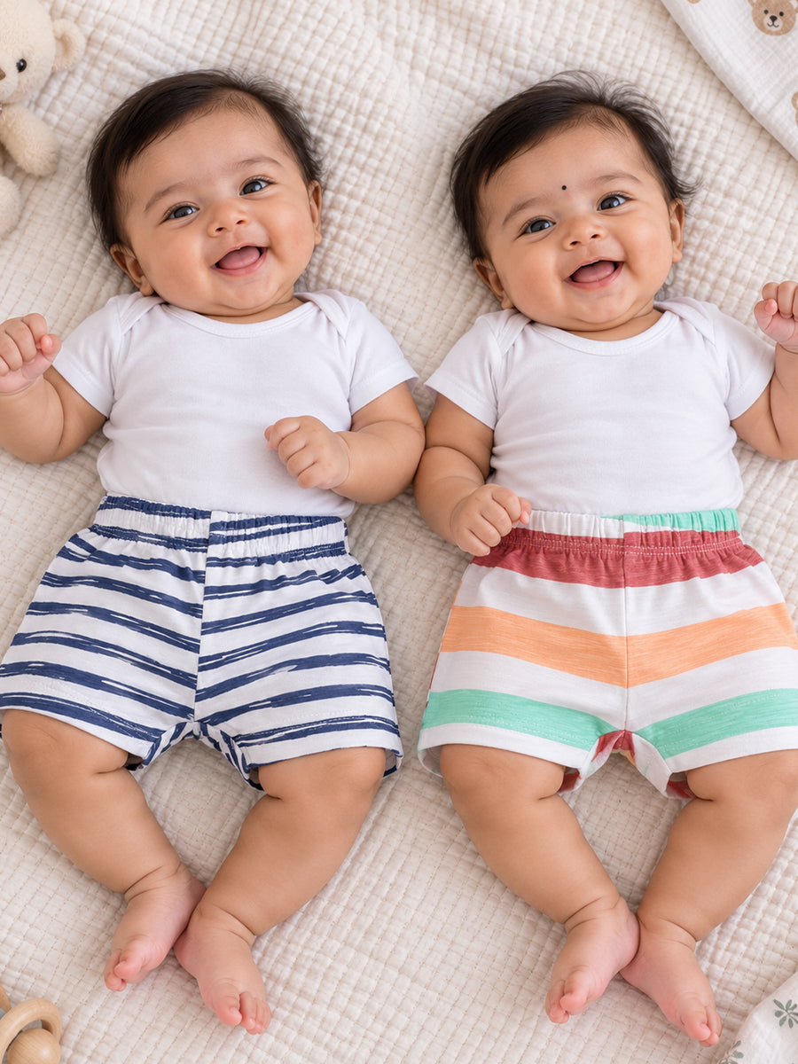 Ziva Baby Premium Knitted Cotton Shorts Combo – Pack of 2 | Navy Stripe & Multicolour Stripe