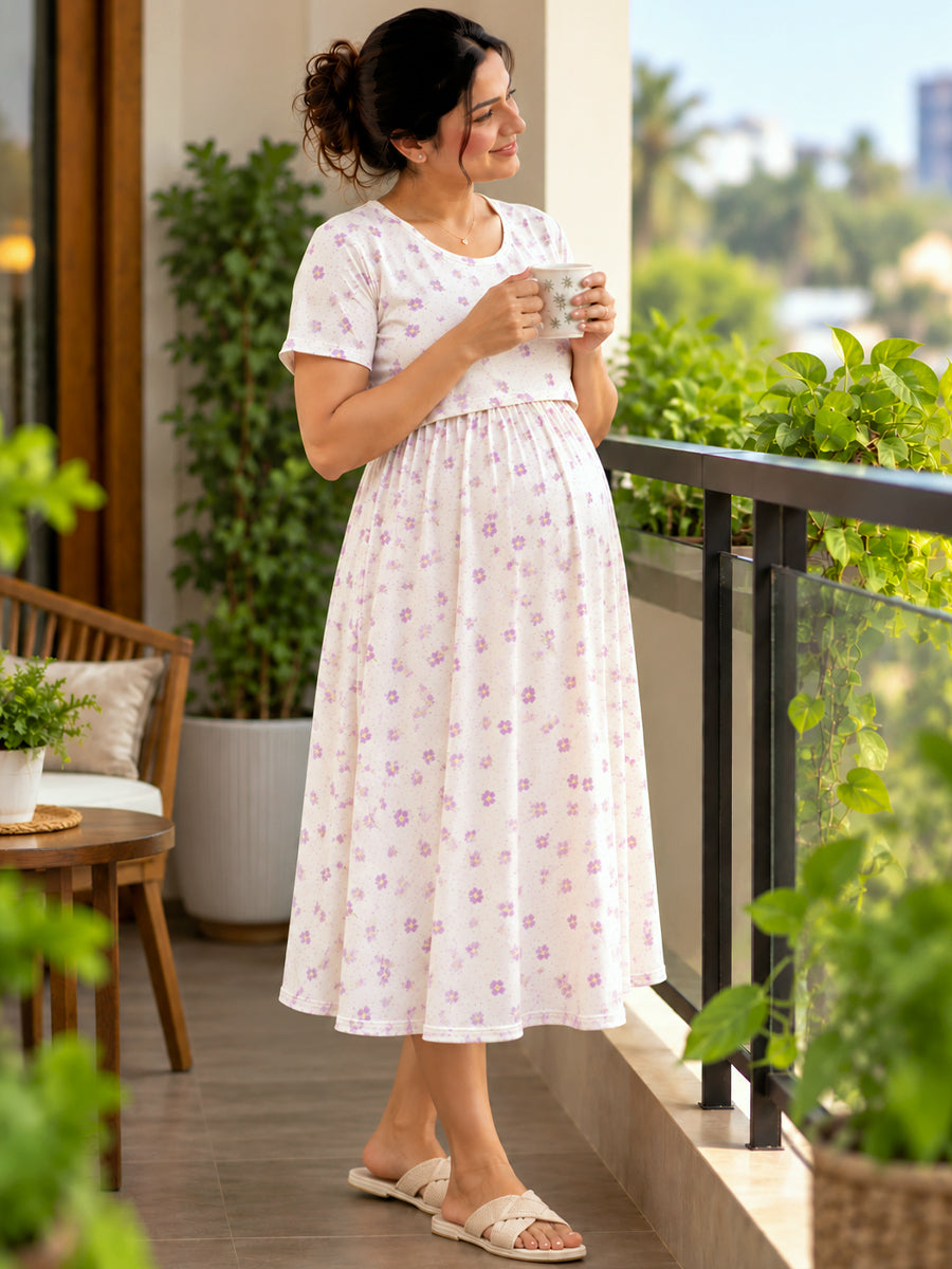 Ziva Zipless Maternity & Feeding Knitted Dress with Adjustable Waist Tie & Side Pocket | Soft Off-White Orchid Floral & Dotted Print