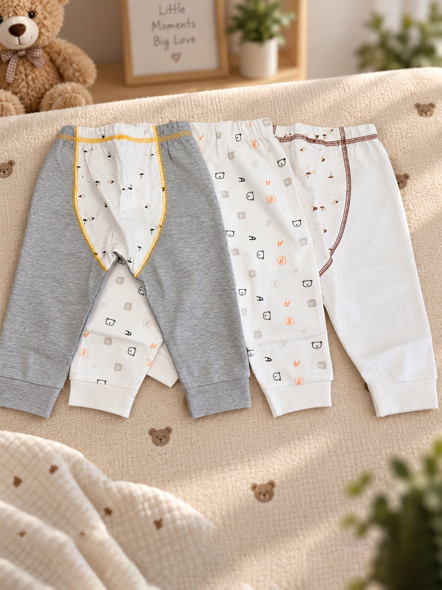 Baby Knitted Cotton Pants Combo – Pack of 3 | Assorted Teddy & Mini Print | 3–6 Months | Ziva Collected | Carefully Selected for Your Little One