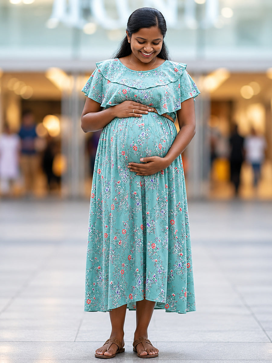 Ziva Light Blush Pink Floral Ruffle Overlay Maternity & Feeding Dress with Concealed Dual Zips, Belt & Pockets