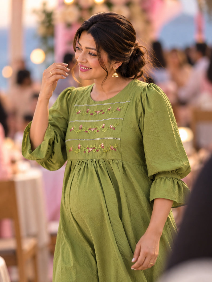 Ziva Premium Crinkle Viscose Maternity & Feeding Occasion Dress with Hand-Embroidered Yoke & Adjustable Puff Sleeves | Olive Green
