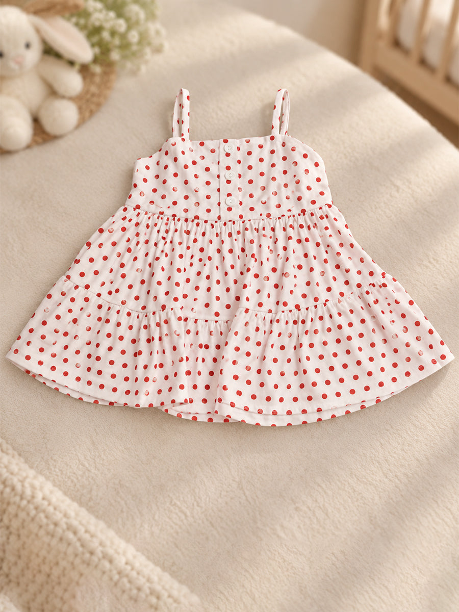 Ziva Baby Girl Strappy Frock with Pantie – White Red Polka Dot Print | Premium Knitted Cotton | Tiered Frill & Front Buttons | 2-Piece Set
