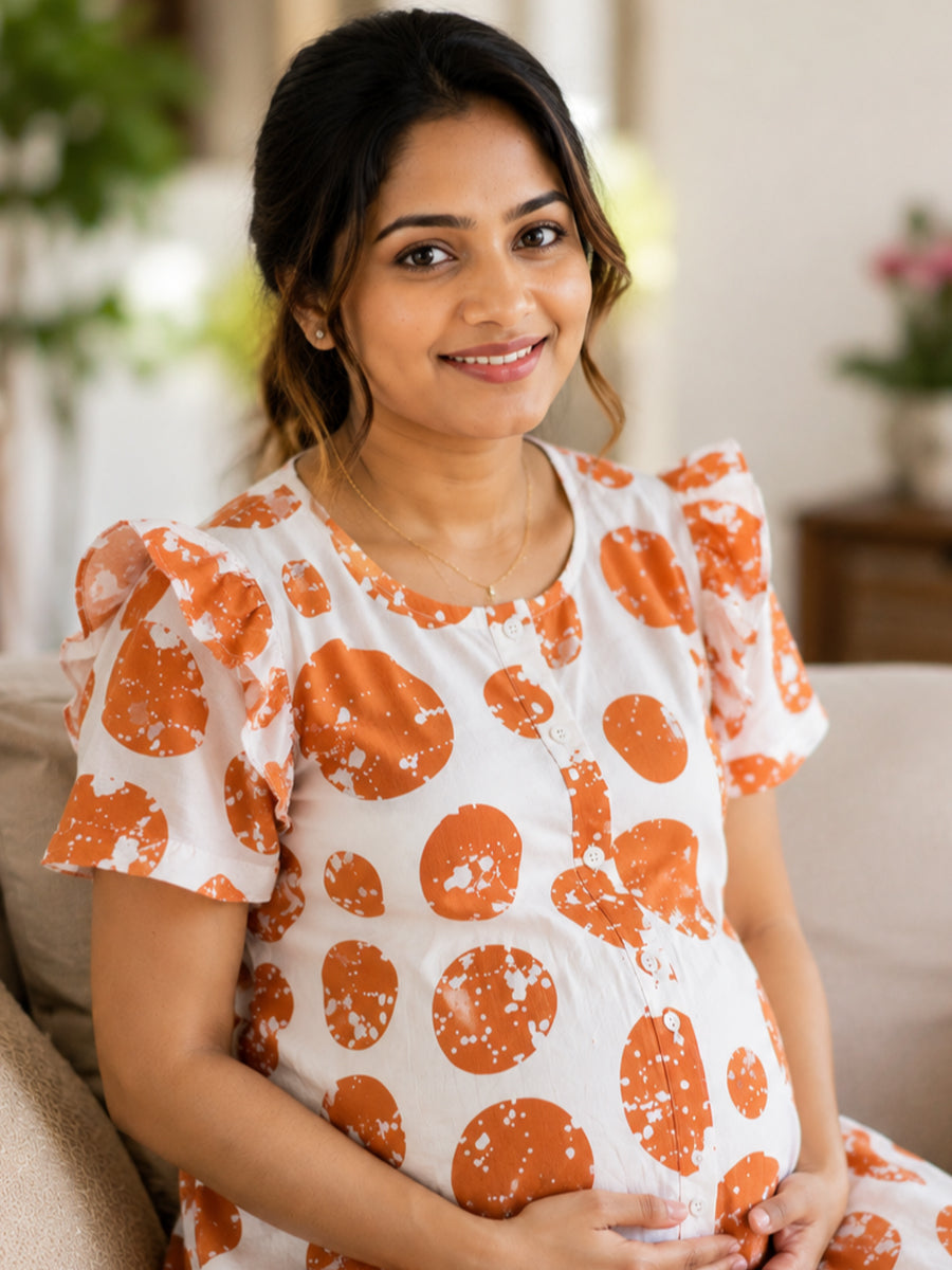 Ziva Maternity & Feeding Cotton Full-Open Short Nighty with Side Pocket – Orange & Off White Irregular Spot Print