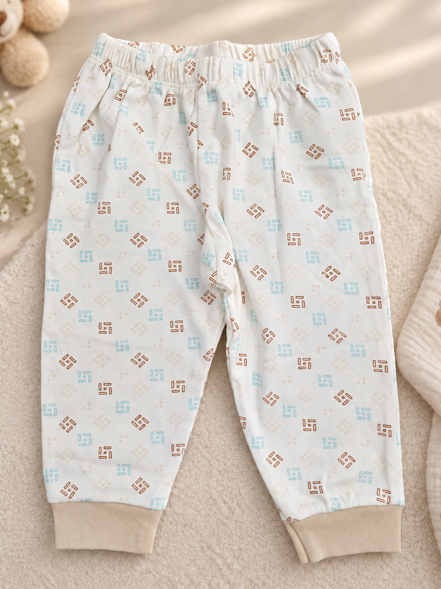 Baby Knitted Cotton Pants Combo – Pack of 3 | Grey, Off-White & Assorted Geometric Print | 6–9 Months | Ziva Collected | Carefully Selected for Your Little One