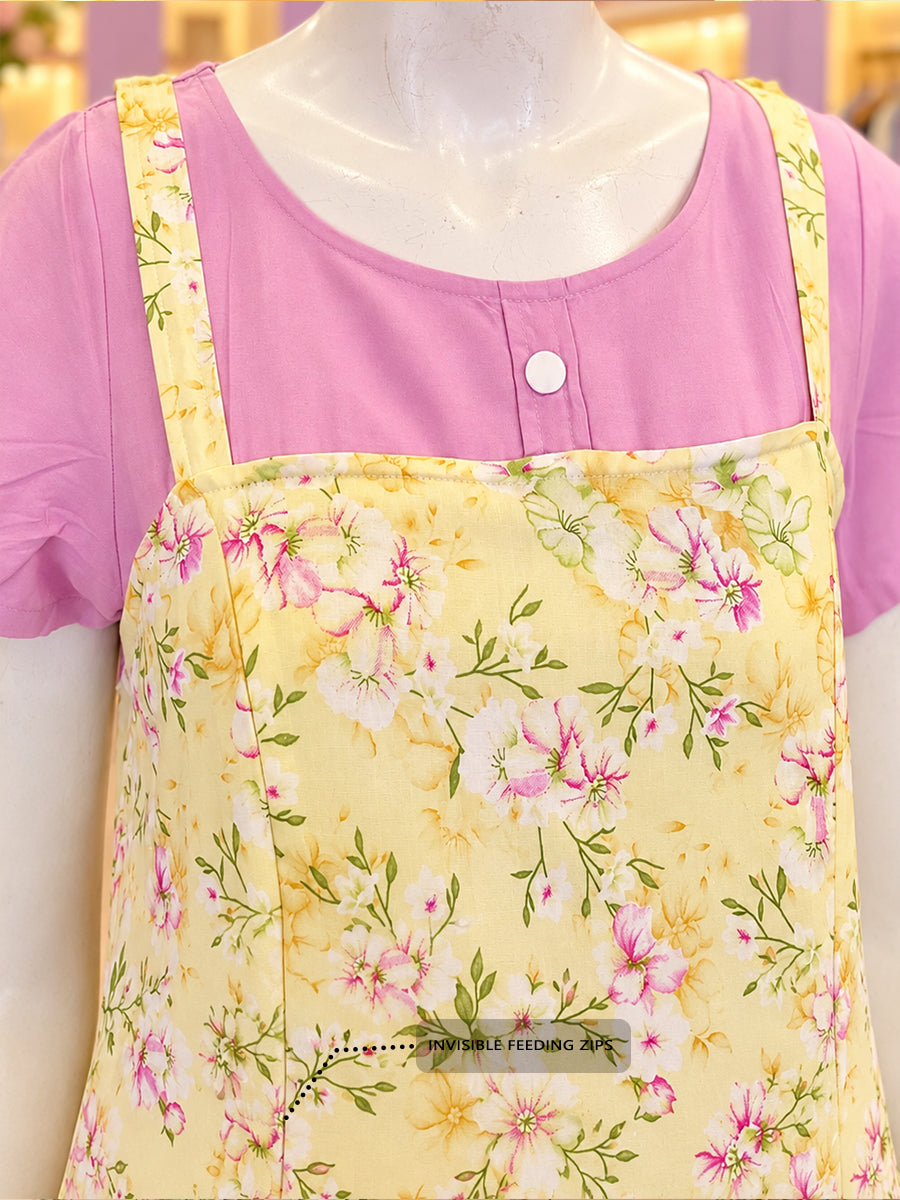 Ziva Maternity & Feeding Dungaree-Style Dress with Concealed Feeding Zips | Soft Lemon Floral & Soft Lavender