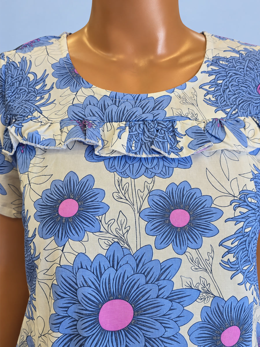 Ziva Maternity & Feeding Cotton Short Nighty – Concealed Feeding Zips & Side Pocket | Cornflower Blue Floral Print
