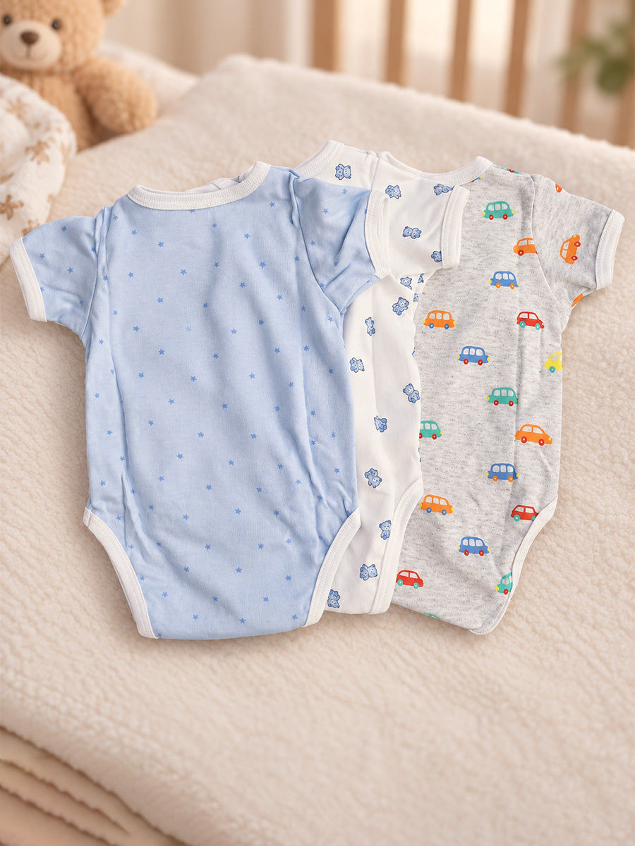 Ziva Baby Premium Knitted Cotton Overlap Romper – Pack of 3 | Grey Multicolour Car, Baby Blue Tiny Star & White Teddy Bear Assorted Prints | Newborn