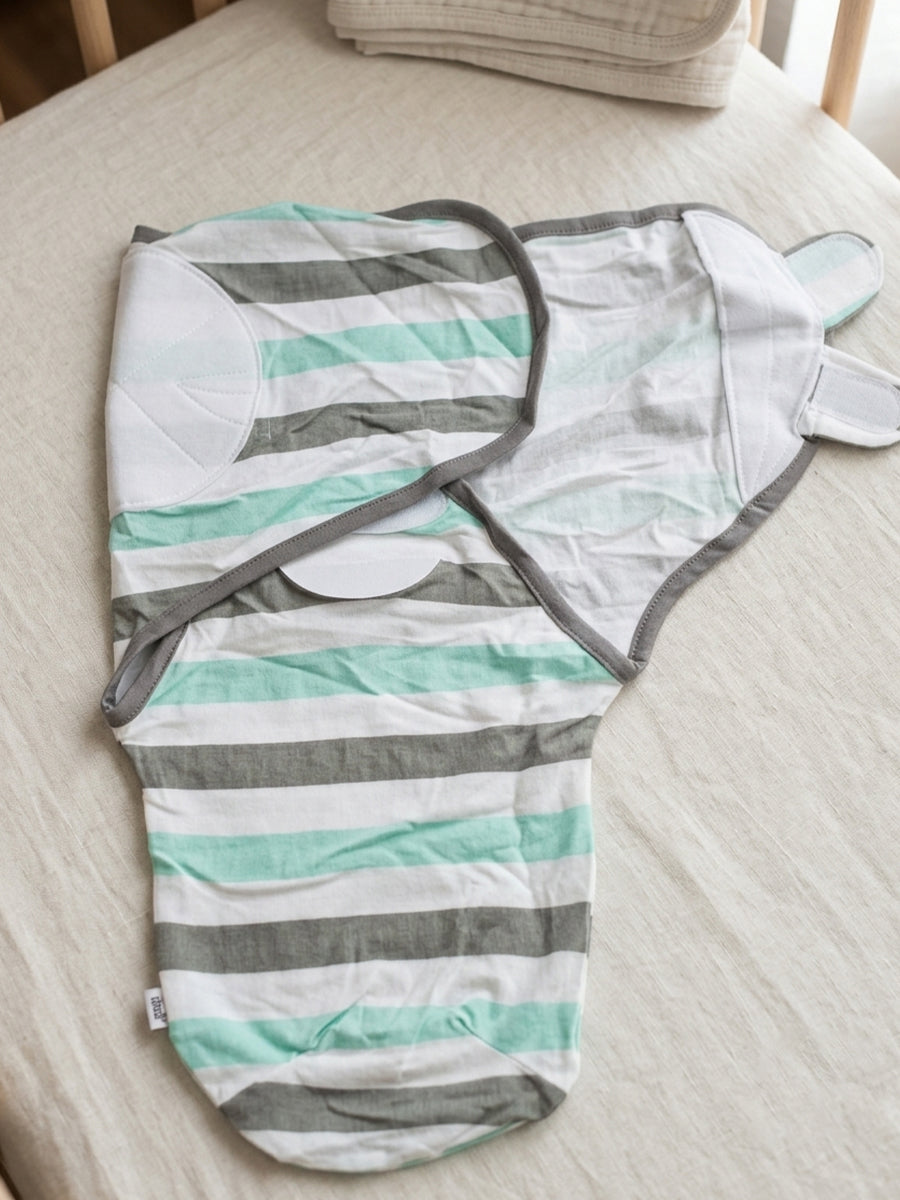 Baby Knitted Cotton Velcro Swaddle – White with Mint Green & Grey Stripe Print | Adjustable Velcro Closure | Ziva Collected | Carefully Selected for Your Little One