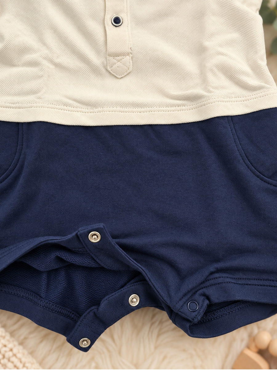 Baby Boy Knitted Cotton Polo Style Jumpsuit – Off-White & Navy Blue | Ziva Collected | Carefully Selected for Your Little One