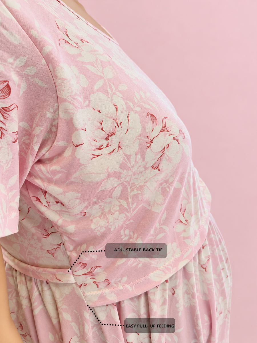 Ziva Zipless Maternity & Feeding Knitted Dress with Adjustable Waist Tie & Side Pocket | Soft Baby Pink & Cream White Floral Print