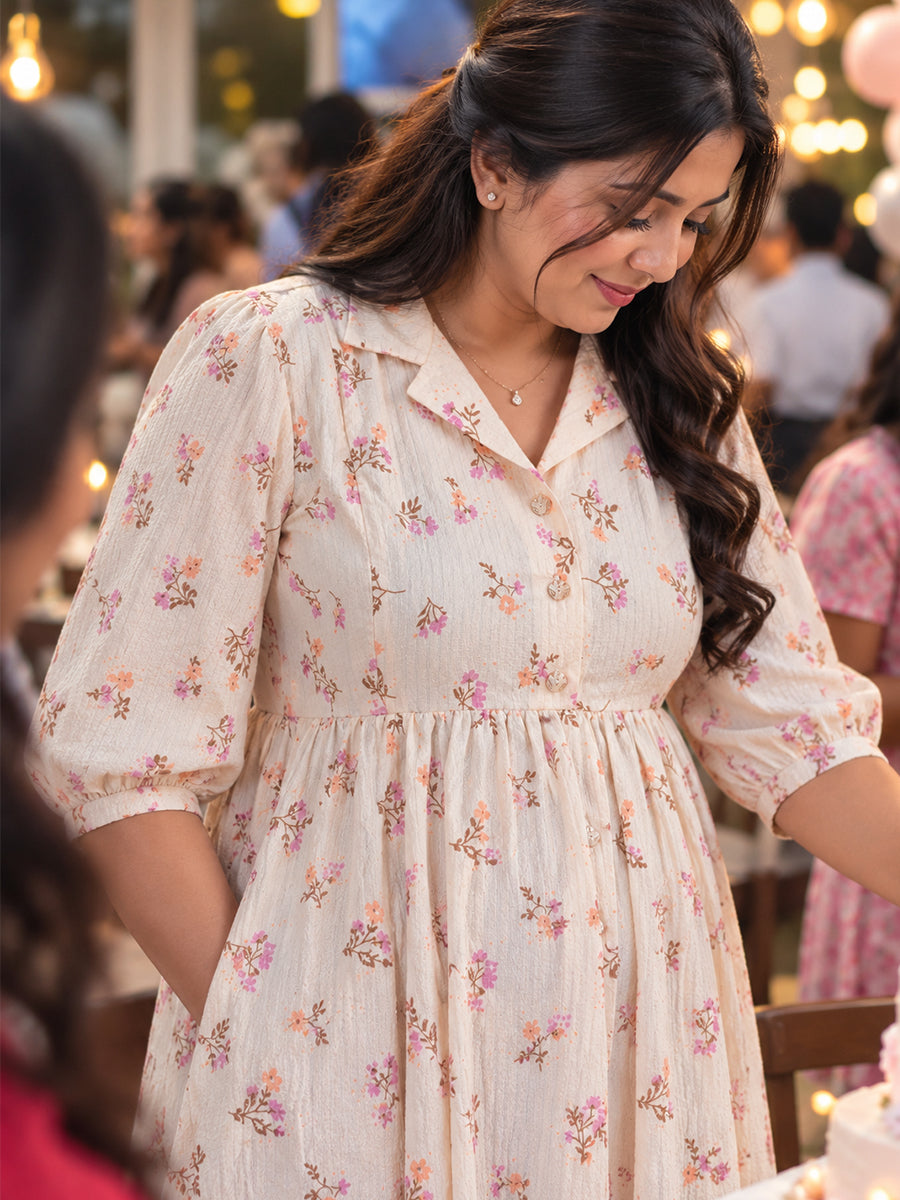 Ziva Premium Cotton Seersucker Maternity & Feeding Dress with Notched Collar, Concealed Zips & Side Pocket | Natural Ivory Multicolour Botanical Floral
