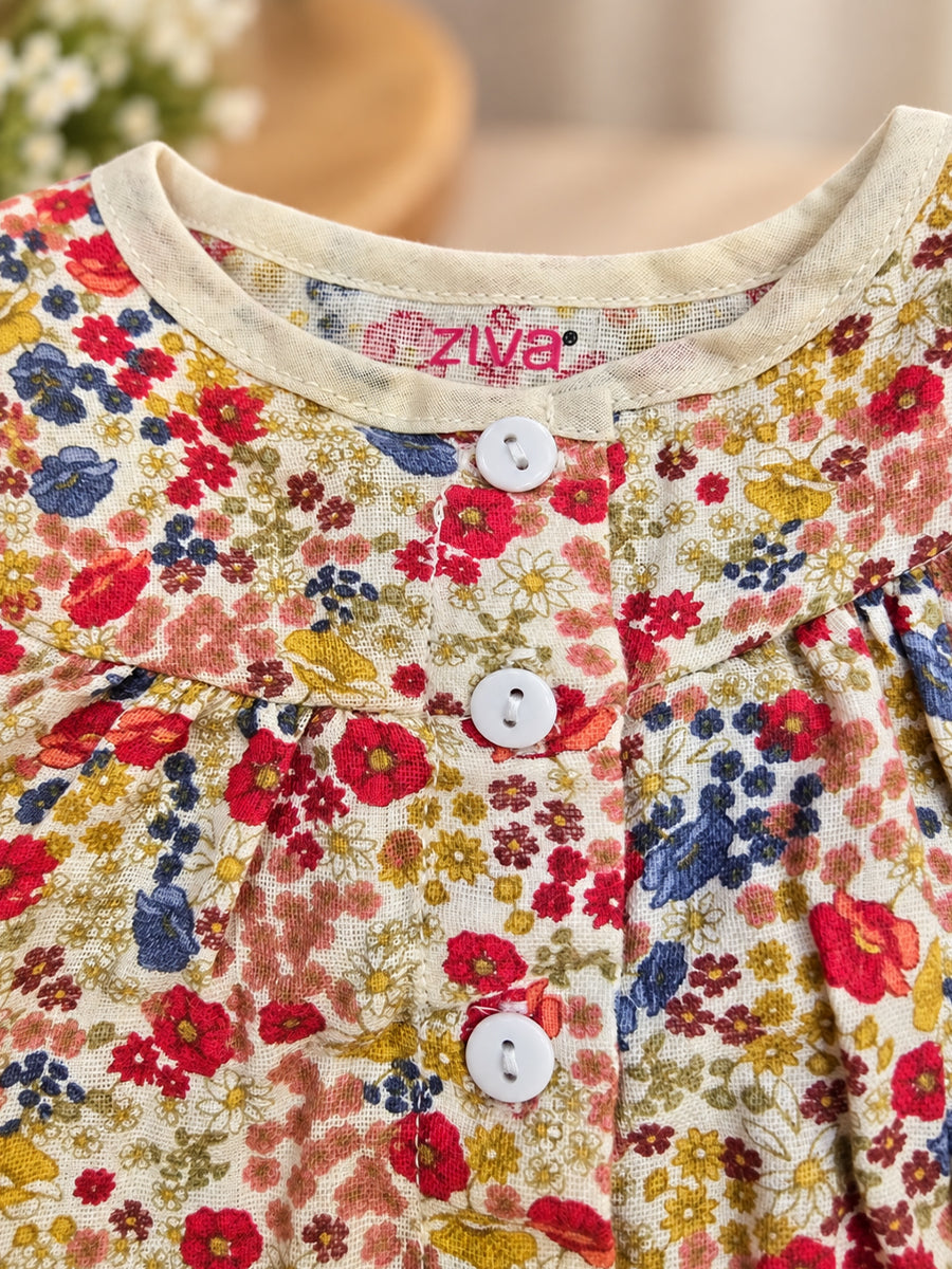 Ziva Muslin Baby Girl Front Button Frock – Pack of 3 | Premium Muslin Cotton | Assorted Floral Prints (Print Details: Check Product Description)