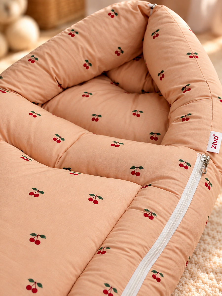 Ziva 3-in-1 Baby Bed – Organic Cotton Carry Nest cum Sleeping Bag (Cherry Print, Brown Colour)
