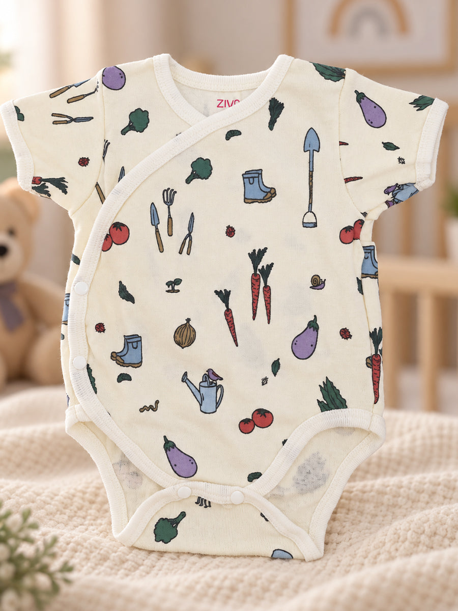 Ziva Baby Premium Knitted Cotton Overlap Romper – Pack of 3 | Baby Blue Teddy Bear, Cream Tiny Mouse & Garden Vegetable Assorted Prints