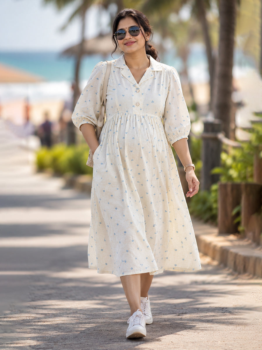 Ziva Premium Viscose Linen Maternity & Feeding Dress with Notched Collar, Concealed Zips & Side Pocket | Soft Cream Aqua Blue Heart Print