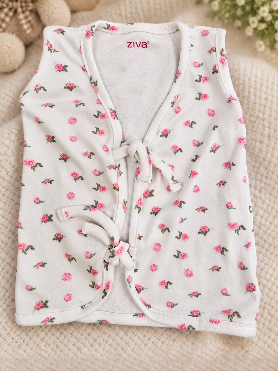 Ziva Newborn Cotton Front Open Tie Jabla with Tie Nappy – White Pink Rose Print