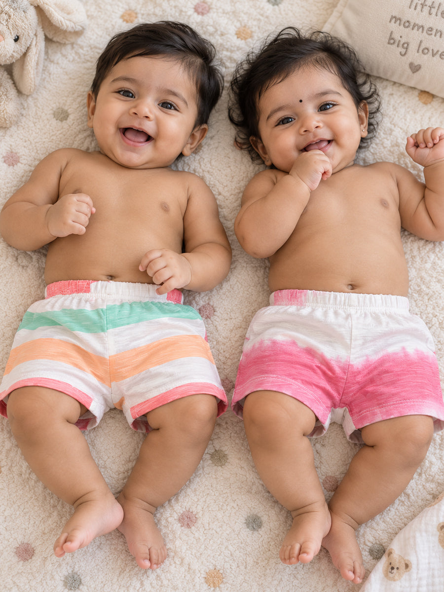 Ziva Baby Premium Knitted Cotton Shorts Combo – Pack of 2 | Pink Brushed Stripe & Multicolour Stripe