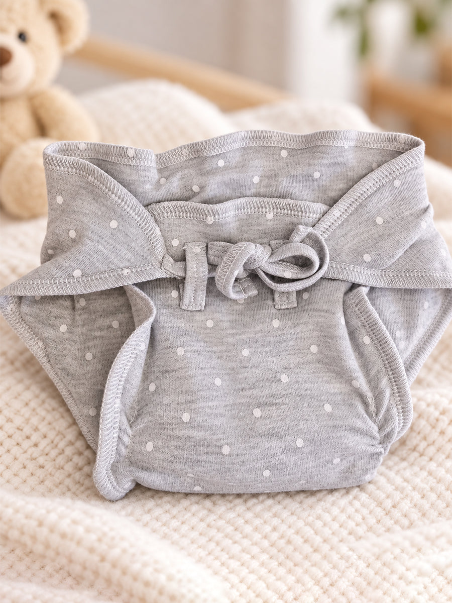 Ziva Newborn Knitted Cotton Front Open Tie Jabla with Tie Nappy – Heather Grey Polka Dot