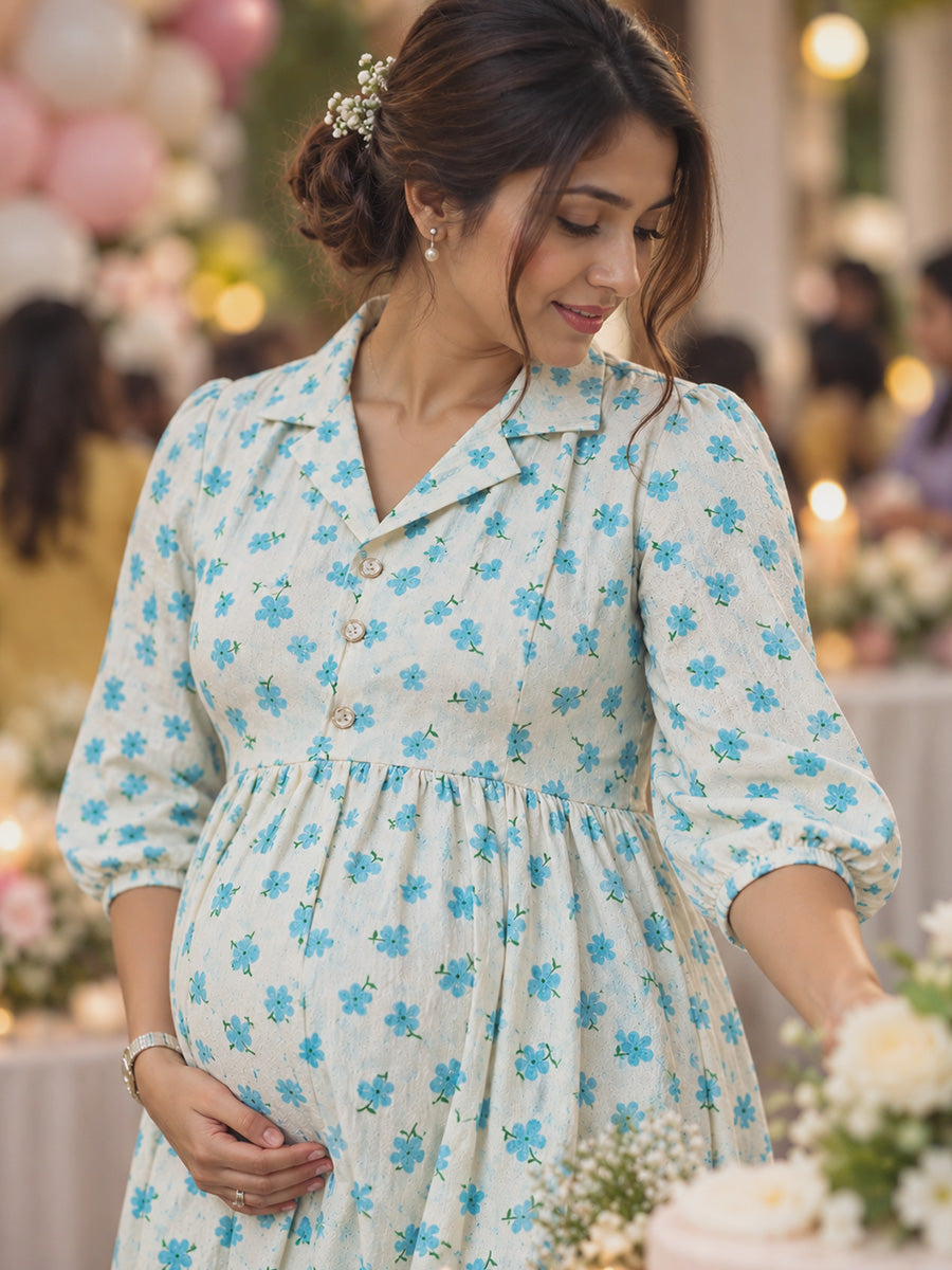 Ziva Premium Cotton Seersucker Maternity & Feeding Dress with Notched Collar, Concealed Zips & Side Pocket | Soft Cream Aqua Blue Floral