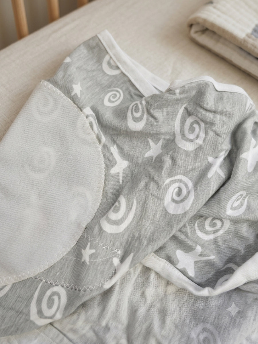 Baby Knitted Cotton Velcro Swaddle – Grey with White Star & Swirl Print | Adjustable Velcro Closure | Ziva Collected | Carefully Selected for Your Little One