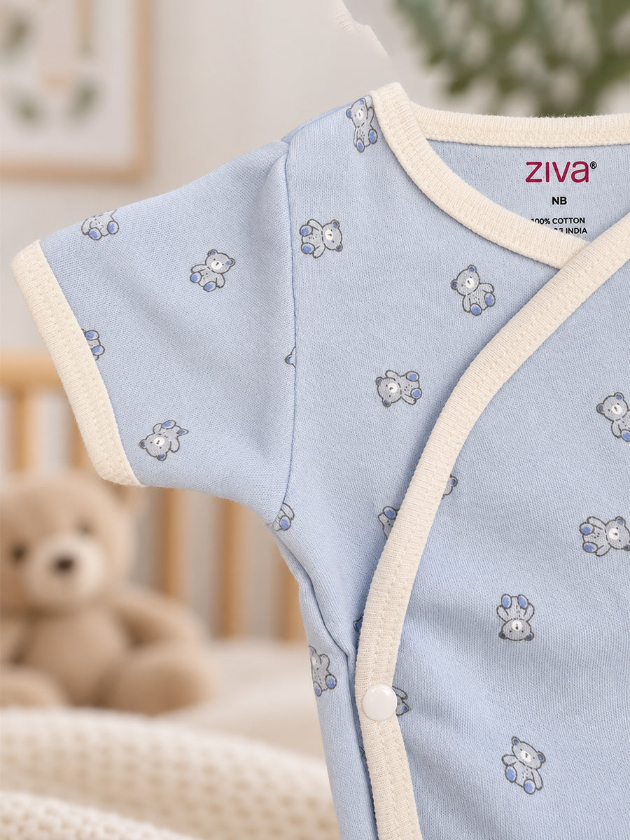 Ziva Baby Premium Knitted Cotton Overlap Romper – Pack of 3 | Baby Blue Teddy Bear, Cream Tiny Mouse & Garden Vegetable Assorted Prints
